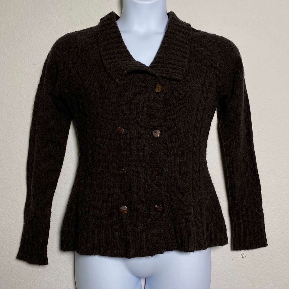 Goode Rider Women's Brown Cable‎ Knit Cashmere Blend Double Breasted Cardigan L